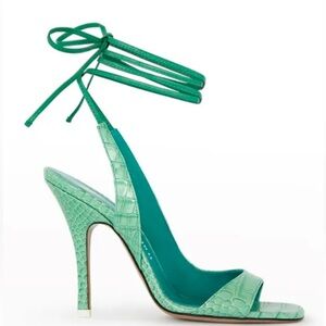 The Attico Inez Strappy Heeled Open Square Toe Sandal Emerald Green Croc sz 38